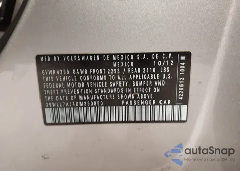 2013 Volkswagen Jetta 2.0L Tdi z USA, uszkodzony, nr VIN 3VWLL7AJ4DM390850